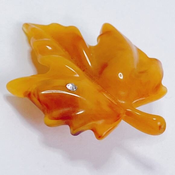 VTG Signed Avon Lucite Maple Leaf Brooch Amber Rhinestone Fall Autumn Jewelry - Picture 4 of 8